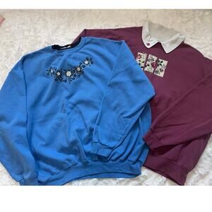 Two Grandmacore Cottagecore Vtg Patchwork Embroidered Sweatshirts 3XL Bling Lot